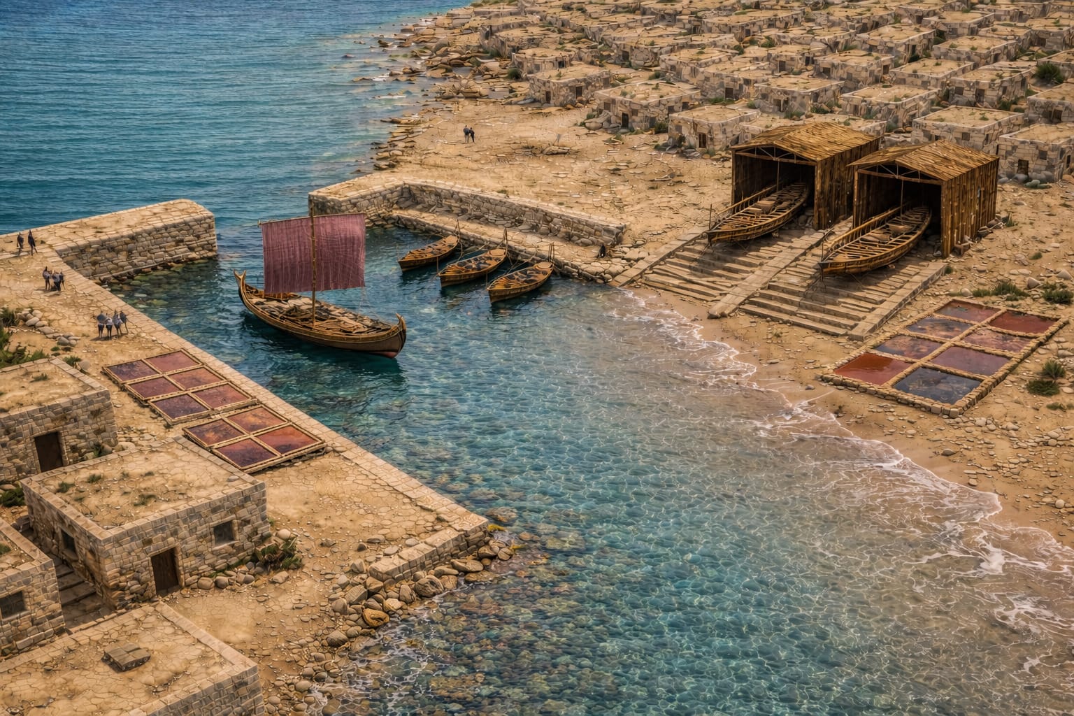 Reconstrucción visual del puerto fenicio de Baria: dársena (puerto interior) y neoria (atarazana con cobertizo) en Villaricos, Almería